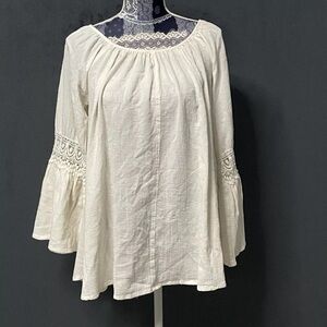 Billabong Tunic Dress Womens Sz S Cream Bohemian Bell Sleeve Crochet Cottagecore